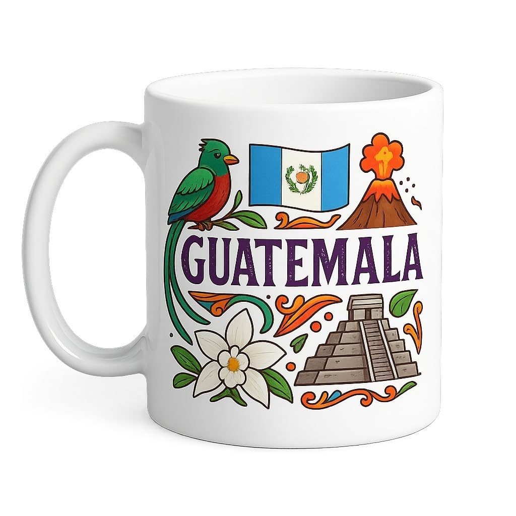 Guatemala Coffee Mug, Ceramic, White with Cultural Design, Quetzal Bird and Maya Pyramid