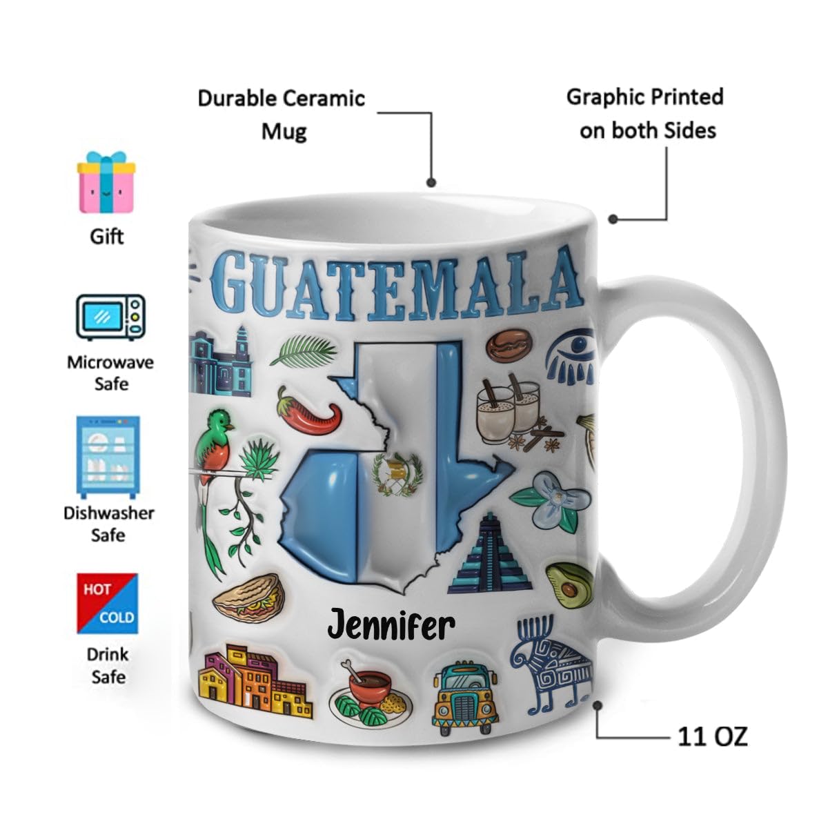 Lotacy Personalized Guatemala 2D Printed Coffee Accent Mug With Name, 11 oz, Colorful Guatemala Gifts And Souvenirs