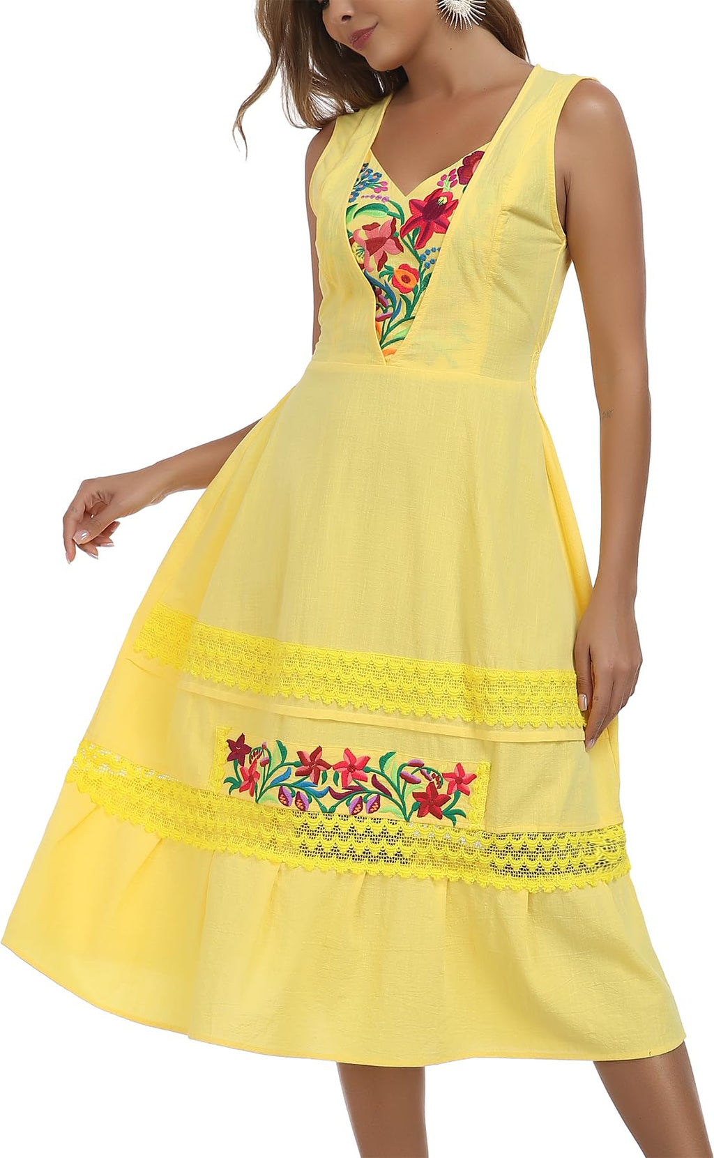 YZXDORWJ Women's Mexican Dress Boho Floral Embroidered Causal Lace Ruffle Maxi Dress (XL, 530Y)