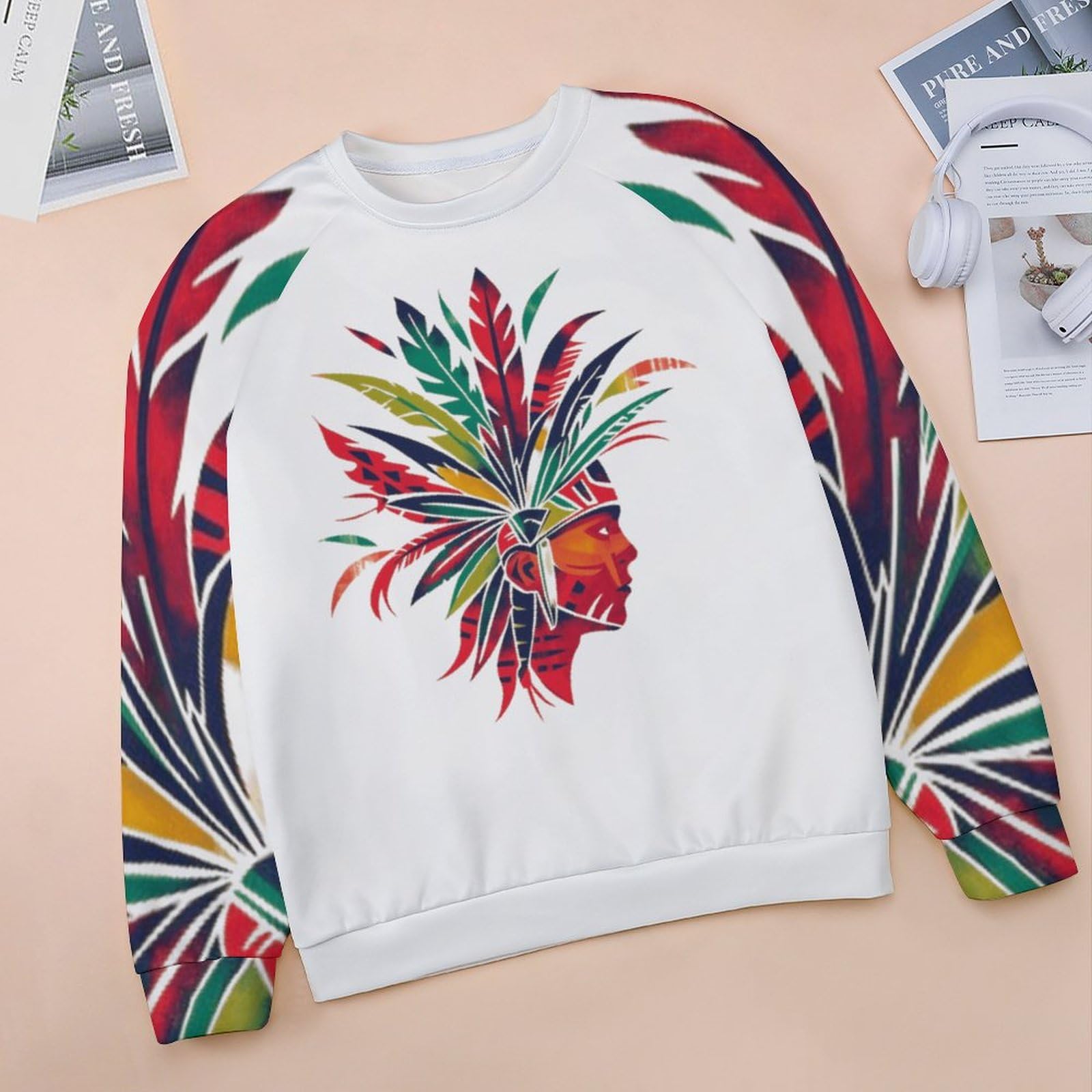 ZOCAVIA Western Aztec Sweatshirts for Women Fall Winter Vintage Ethnic Graphic Crewneck Long Sleeve Pullover Tops Fashion Casual Country Cowboy Y2K T Shirts Oversized Aztec Cowboy White Red M