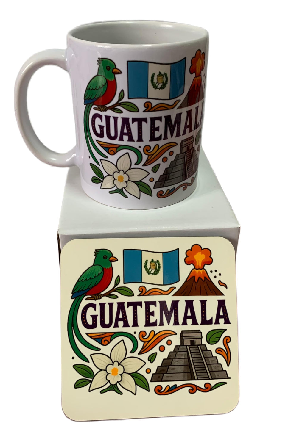 Guatemala Coffee Mug, Ceramic, White with Cultural Design, Quetzal Bird and Maya Pyramid