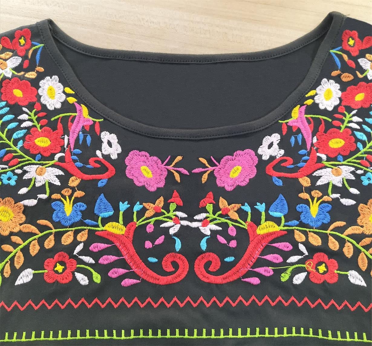 Womens Mexican Embroidered Tops Short Sleeve Fiesta Shirts Floral Peasant Blouses (XX-Large, Black)