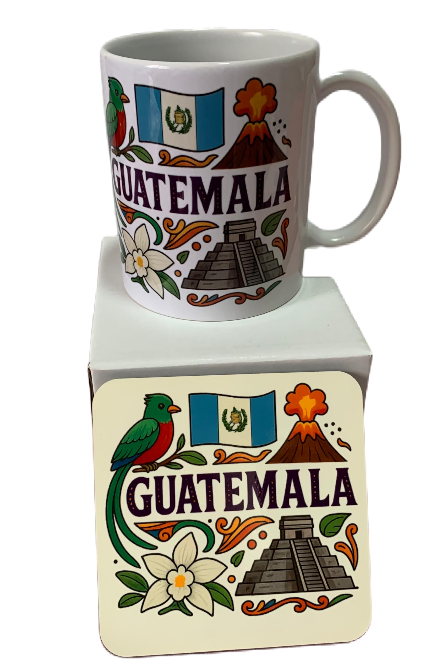 Guatemala Coffee Mug, Ceramic, White with Cultural Design, Quetzal Bird and Maya Pyramid