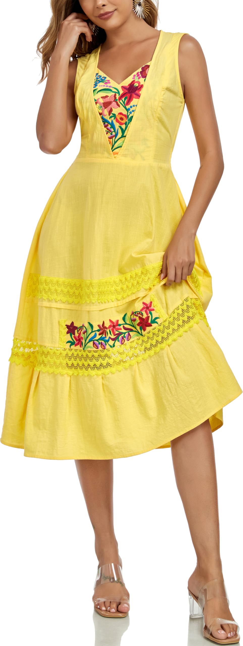 YZXDORWJ Women's Mexican Dress Boho Floral Embroidered Causal Lace Ruffle Maxi Dress (XL, 530Y)