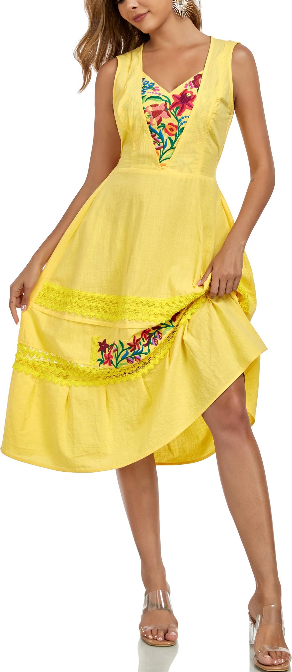YZXDORWJ Women's Mexican Dress Boho Floral Embroidered Causal Lace Ruffle Maxi Dress (XL, 530Y)