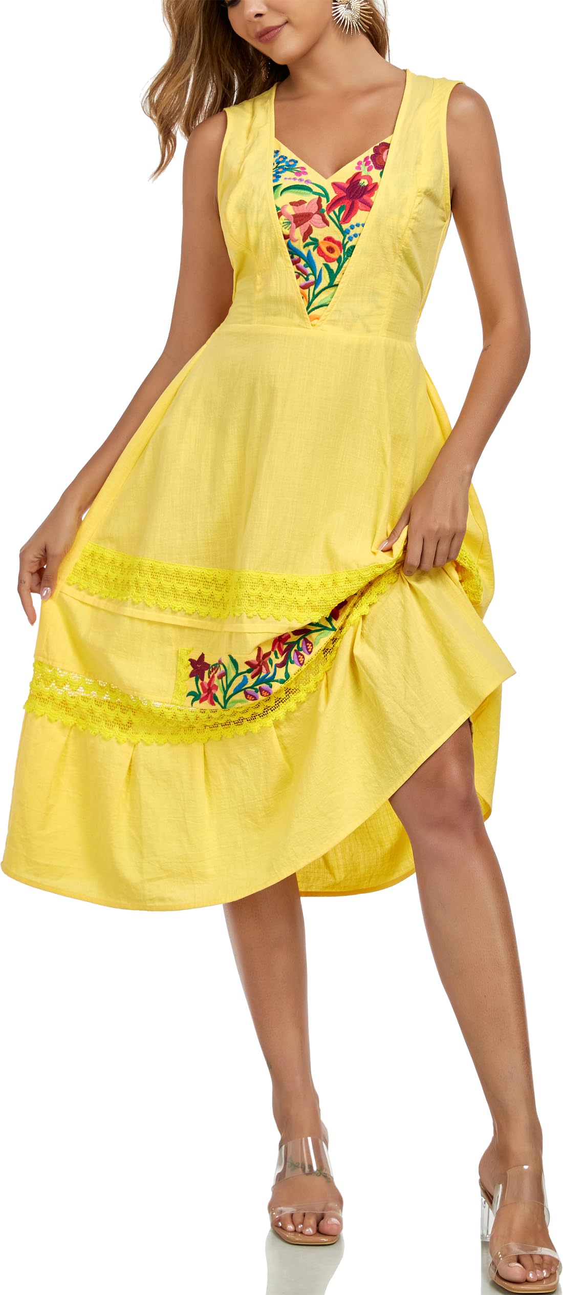 YZXDORWJ Women's Mexican Dress Boho Floral Embroidered Causal Lace Ruffle Maxi Dress (XL, 530Y)
