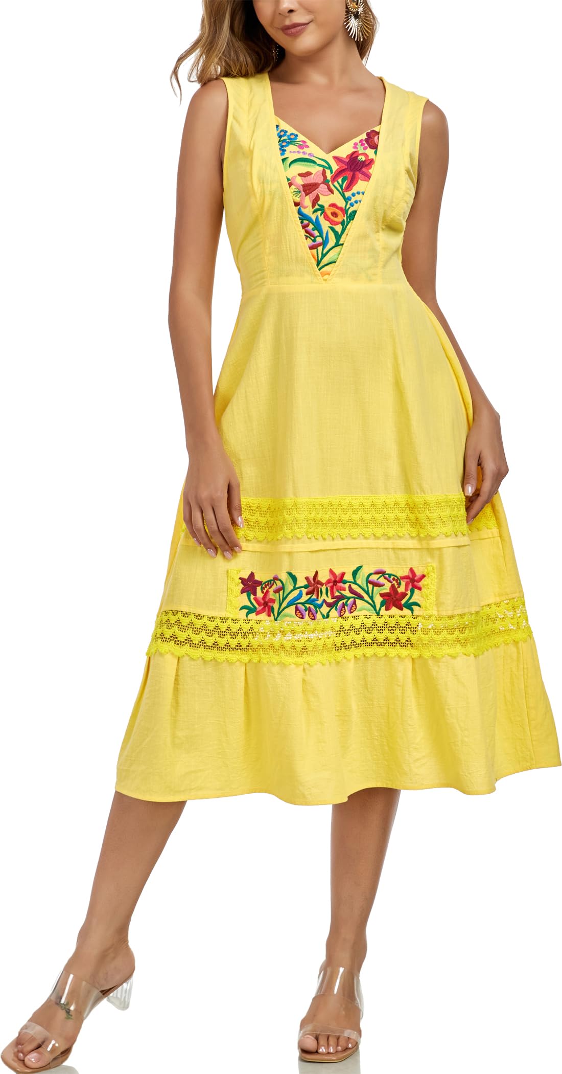 YZXDORWJ Women's Mexican Dress Boho Floral Embroidered Causal Lace Ruffle Maxi Dress (XL, 530Y)