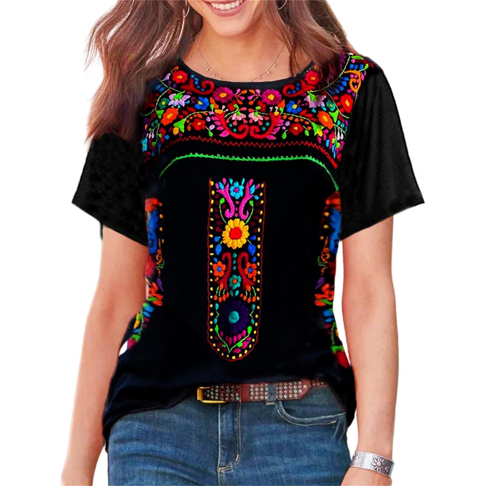 Womens Mexican Embroidered Tops Short Sleeve Fiesta Shirts Floral Peasant Blouses (XX-Large, Black)