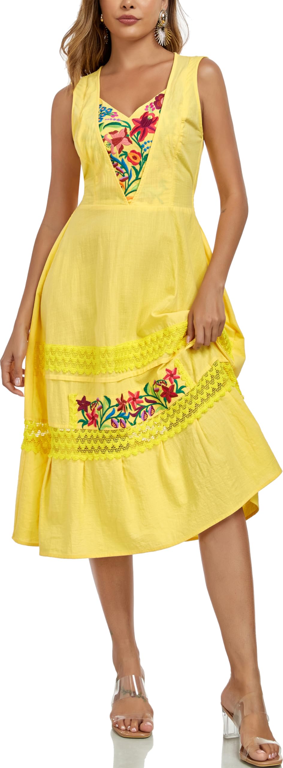 YZXDORWJ Women's Mexican Dress Boho Floral Embroidered Causal Lace Ruffle Maxi Dress (XL, 530Y)