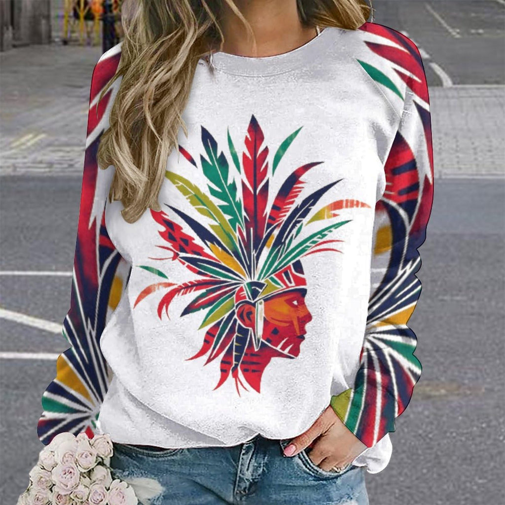 ZOCAVIA Western Aztec Sweatshirts for Women Fall Winter Vintage Ethnic Graphic Crewneck Long Sleeve Pullover Tops Fashion Casual Country Cowboy Y2K T Shirts Oversized Aztec Cowboy White Red M