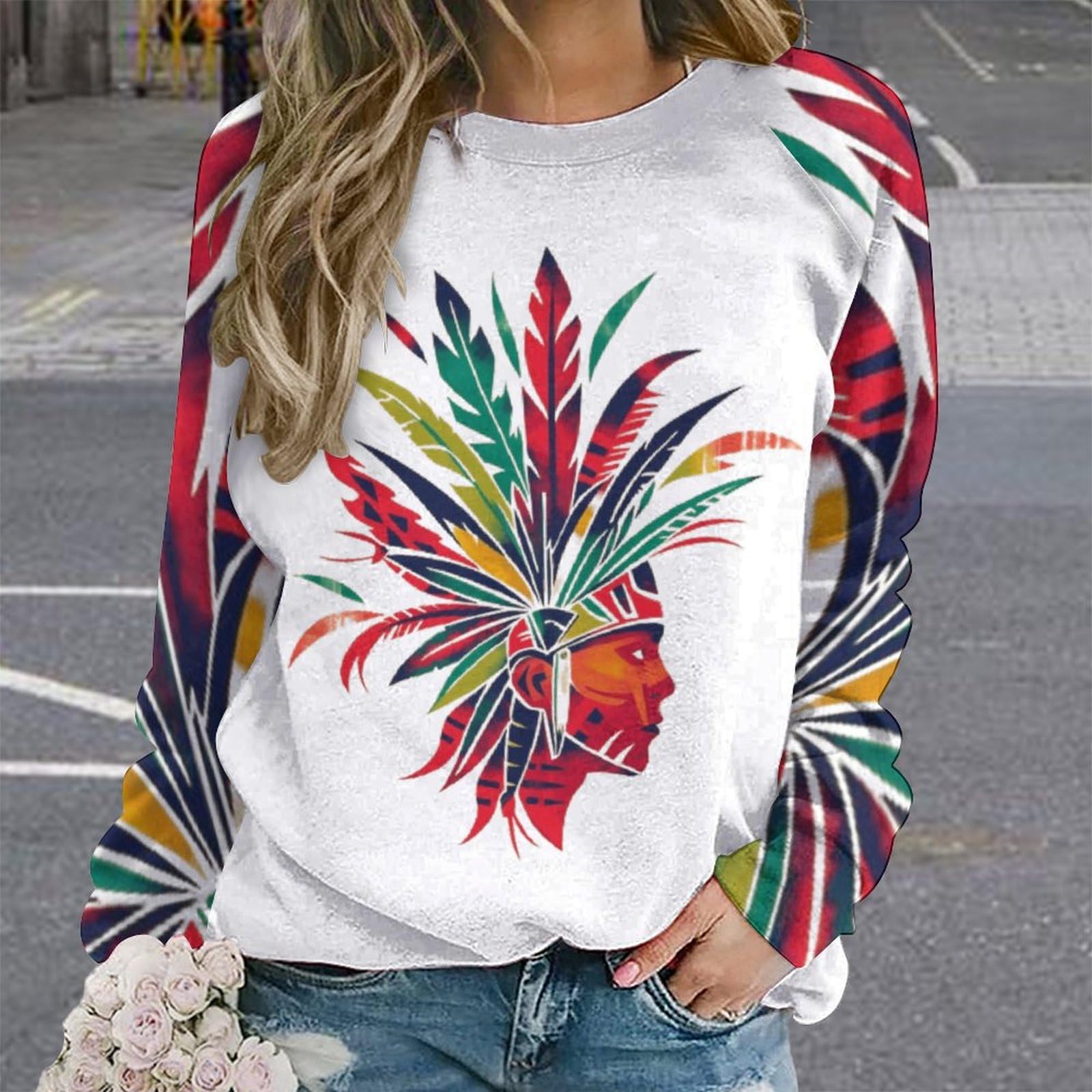 ZOCAVIA Western Aztec Sweatshirts for Women Fall Winter Vintage Ethnic Graphic Crewneck Long Sleeve Pullover Tops Fashion Casual Country Cowboy Y2K T Shirts Oversized Aztec Cowboy White Red M