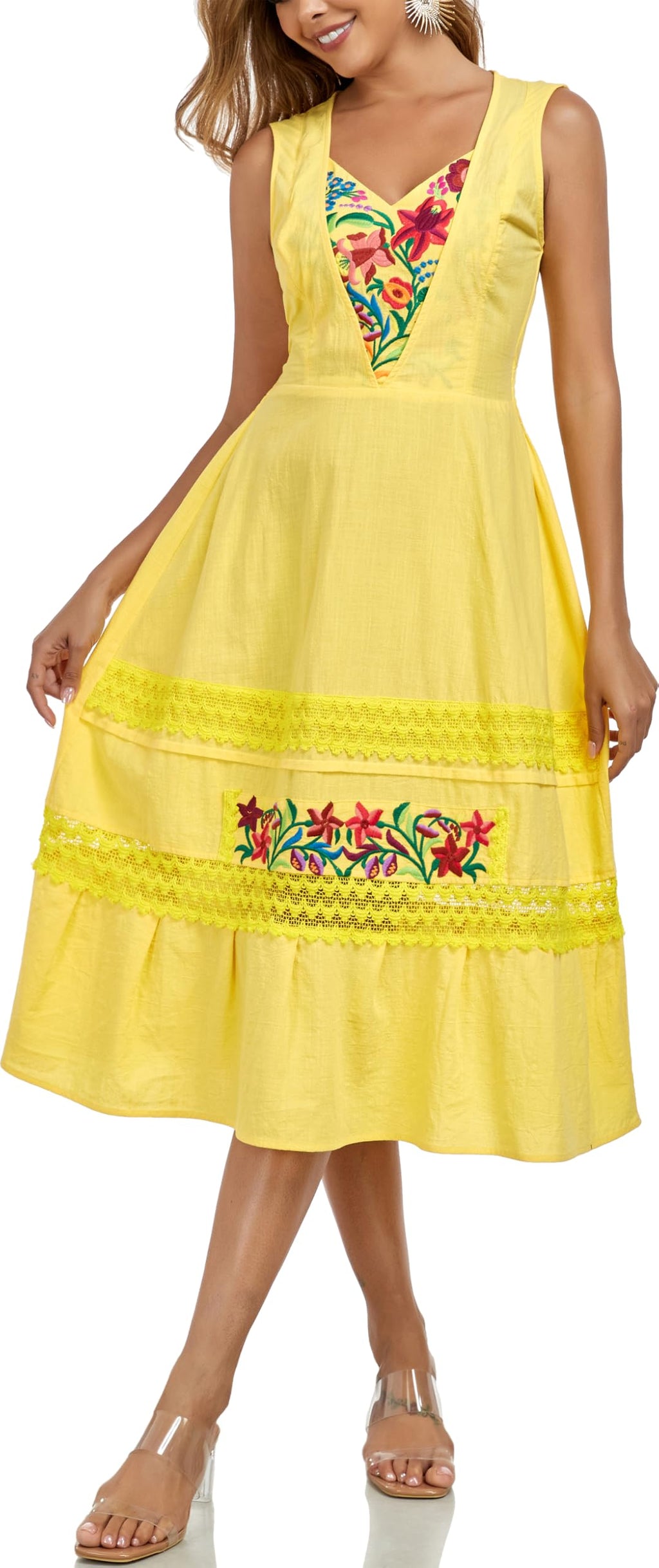 YZXDORWJ Women's Mexican Dress Boho Floral Embroidered Causal Lace Ruffle Maxi Dress (XL, 530Y)
