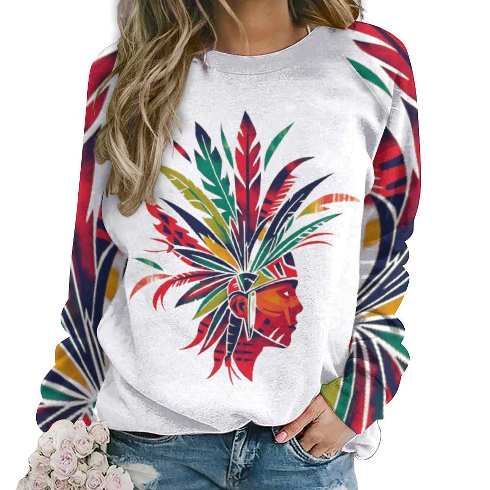 ZOCAVIA Western Aztec Sweatshirts for Women Fall Winter Vintage Ethnic Graphic Crewneck Long Sleeve Pullover Tops Fashion Casual Country Cowboy Y2K T Shirts Oversized Aztec Cowboy White Red M