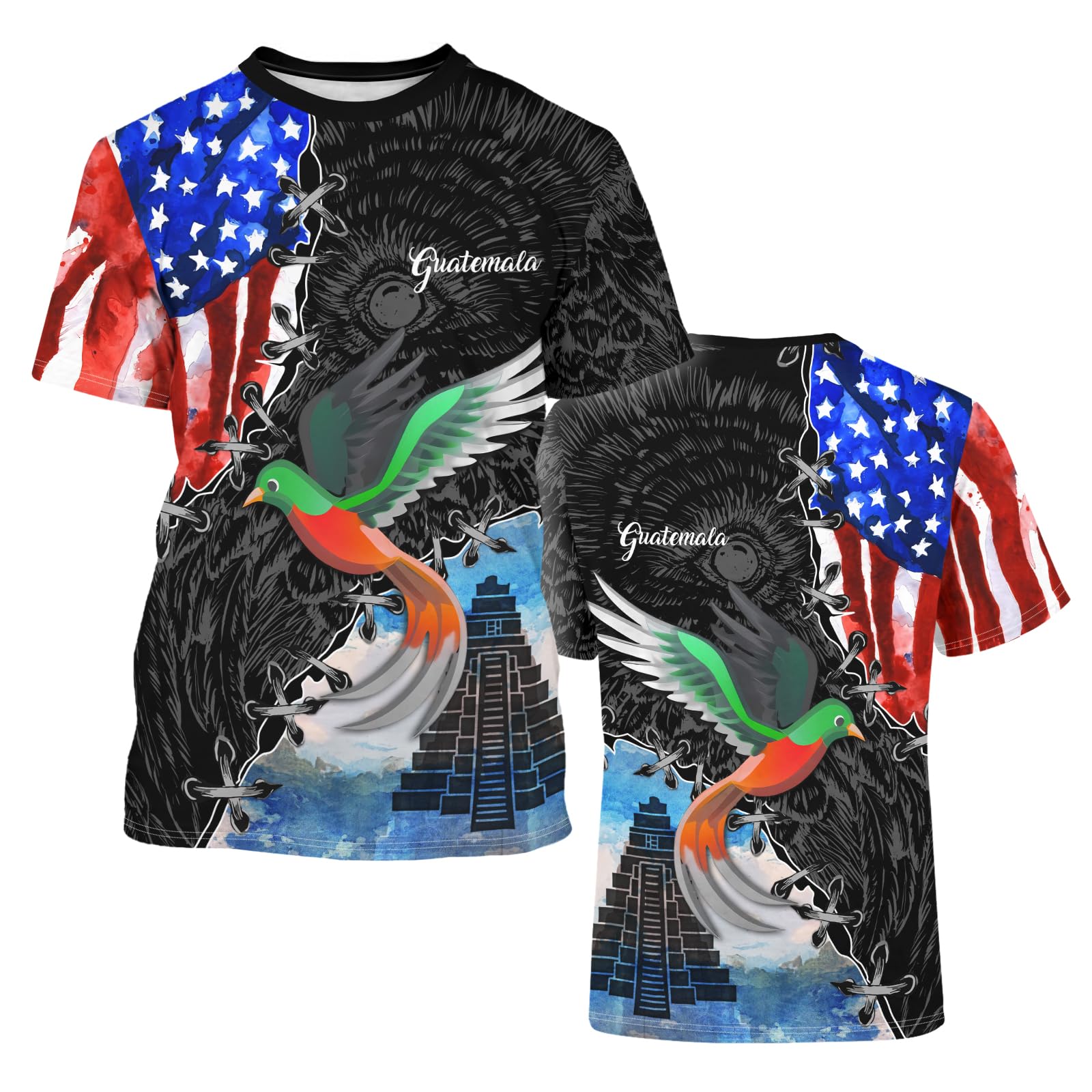 BJU Guatemala Flag T-Shirt Flag Badge Novelty Tee Printed Crewneck Short Sleeve Casual Top Unisex