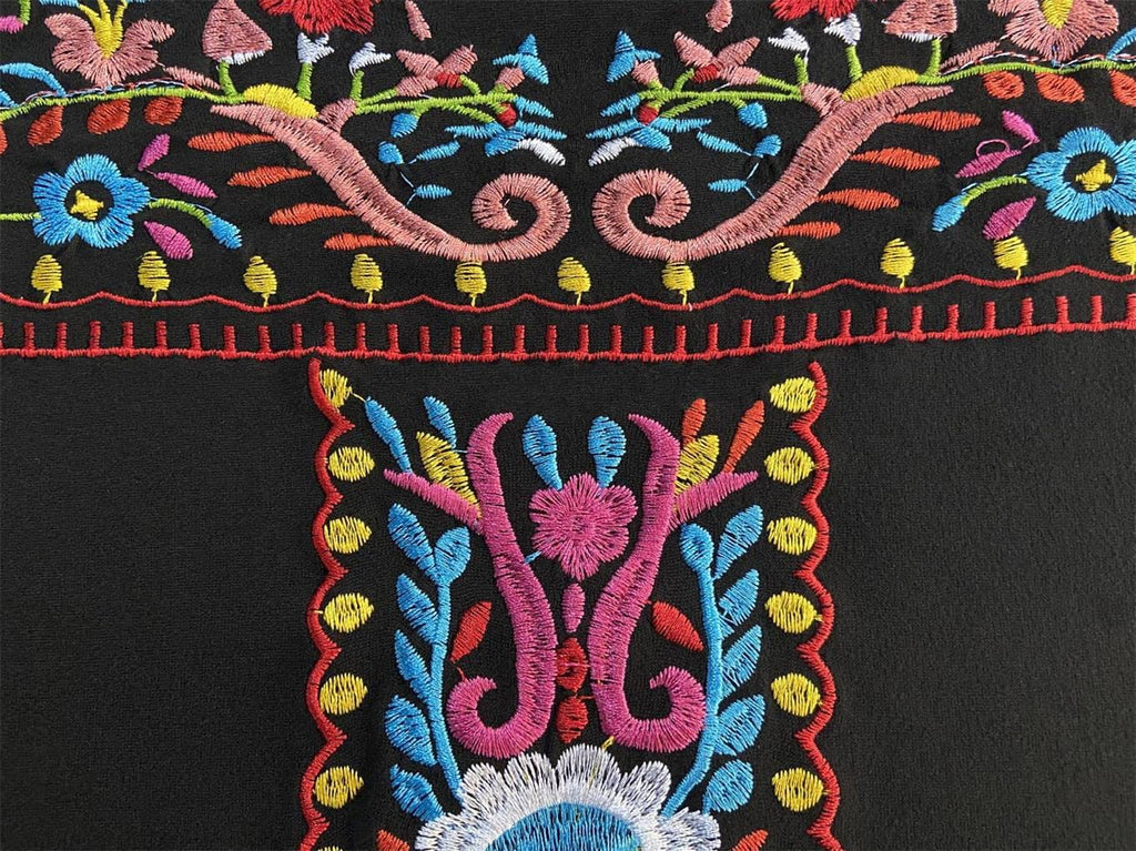 Womens Mexican Embroidered Tops Short Sleeve Fiesta Shirts Floral Peasant Blouses (XX-Large, Black)