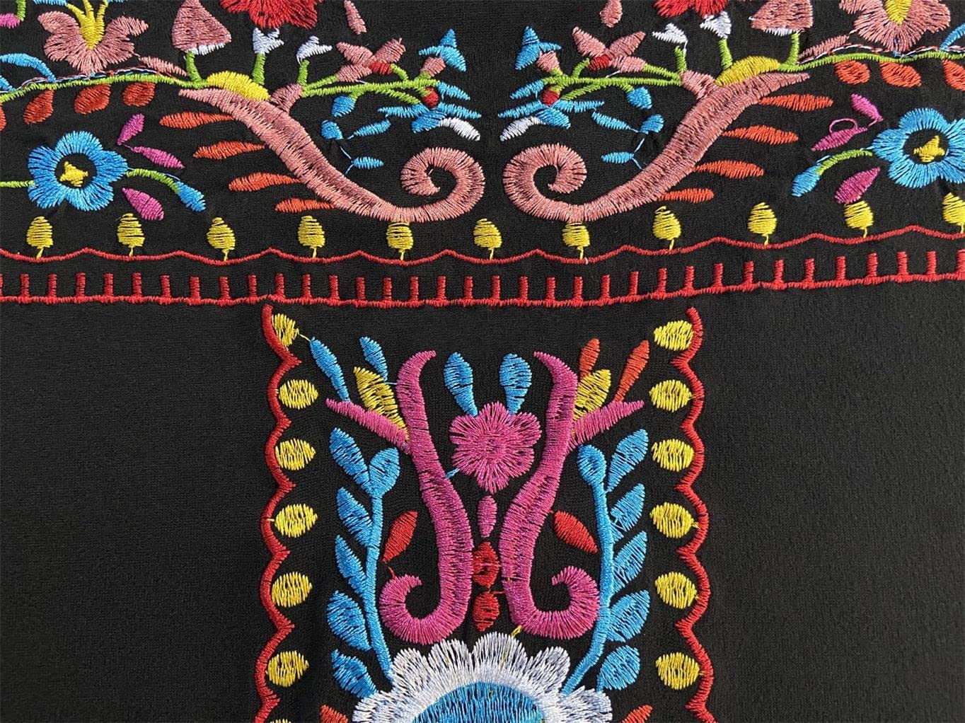 Womens Mexican Embroidered Tops Short Sleeve Fiesta Shirts Floral Peasant Blouses (XX-Large, Black)